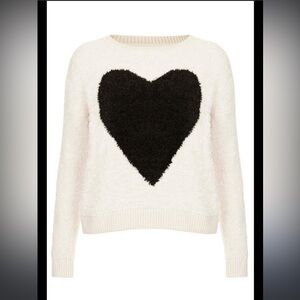 Topshop Brand New Cream Fuzzy Sweater with Black Heart, Size US 2, Without Tags